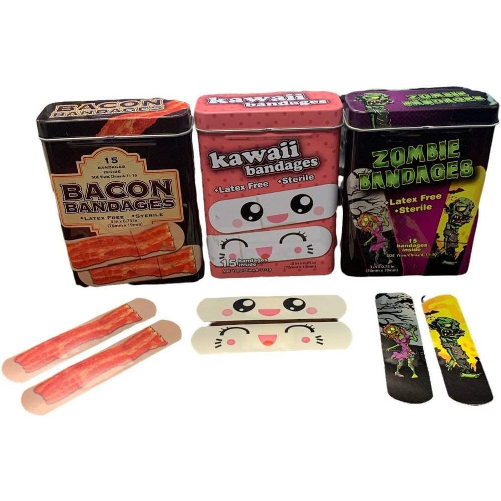 Family Fun Bandages Zombies Bacon Kawaii First-Aid Kit 3 Tins Latex Sterile 45pc
